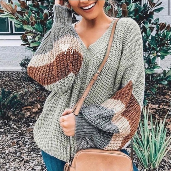 New!Olive Chucky Knit Striped Arms V Neck Sweater - Picture 2 of 6